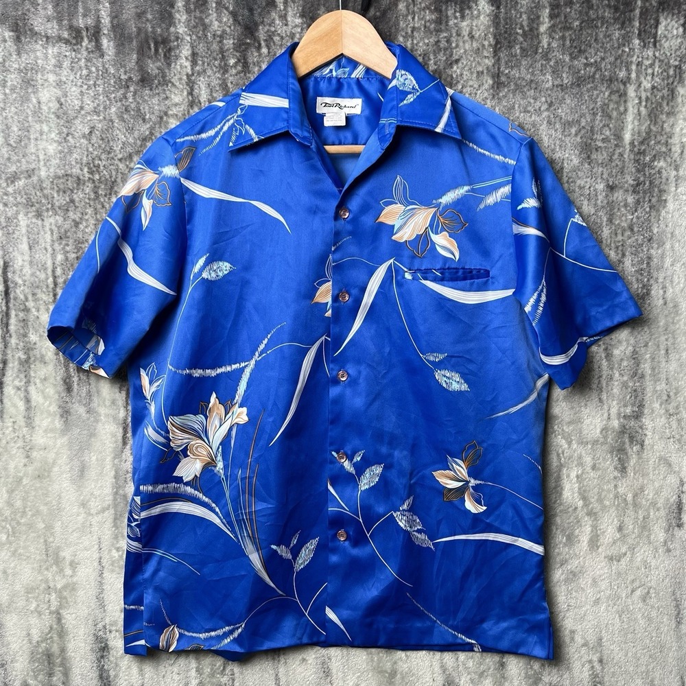 Vintage Tori Richard Hawaiian Shirt Mens S Blue Floral Polyester 70s USA